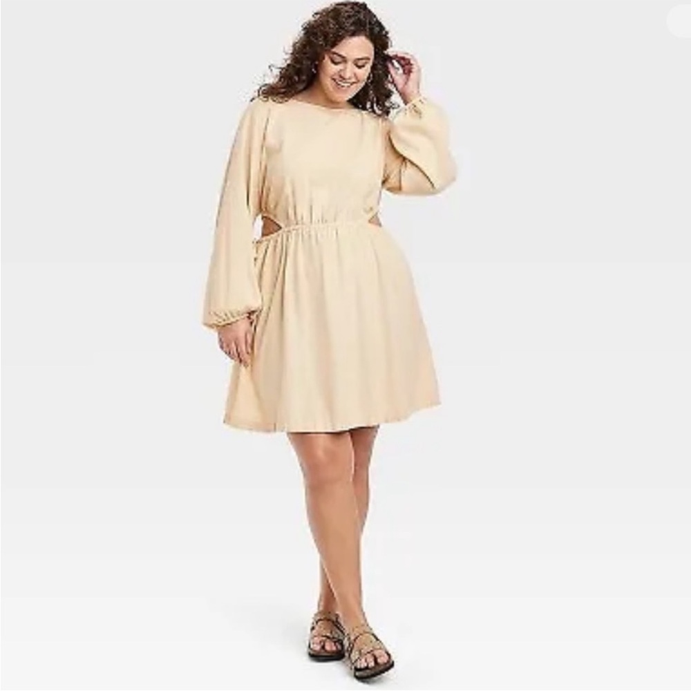 Universal Thread Tan Balloon Long Sleeve Side Cutout Linen Mini Dress Medium